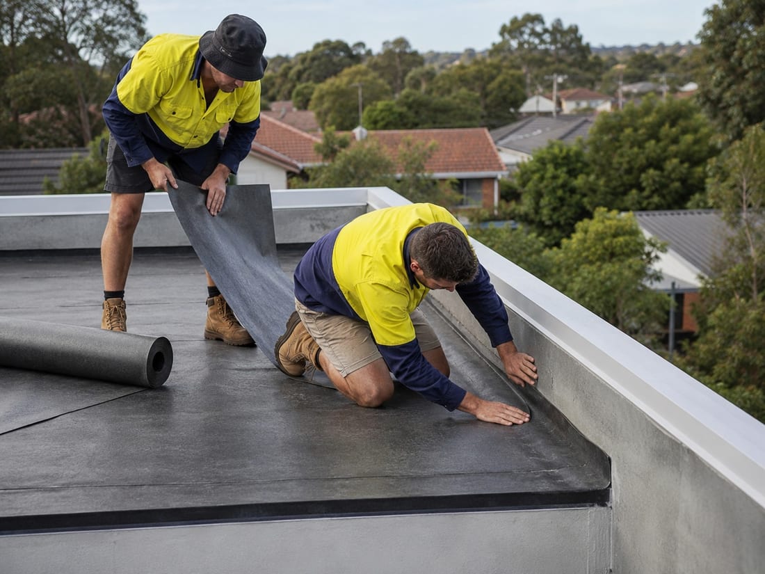 Two roofers rolling out a butynol membrane sheet across an Auckland flat roof