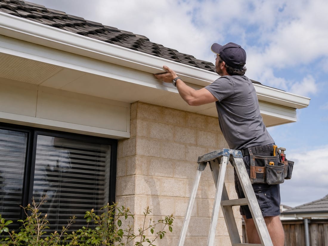 Technician easing a spouting section back into place above the downpipe on an Auckland house