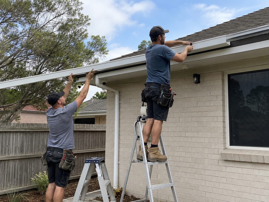 Two technicians working together to refit a spouting run above a downpipe on an Auckland home