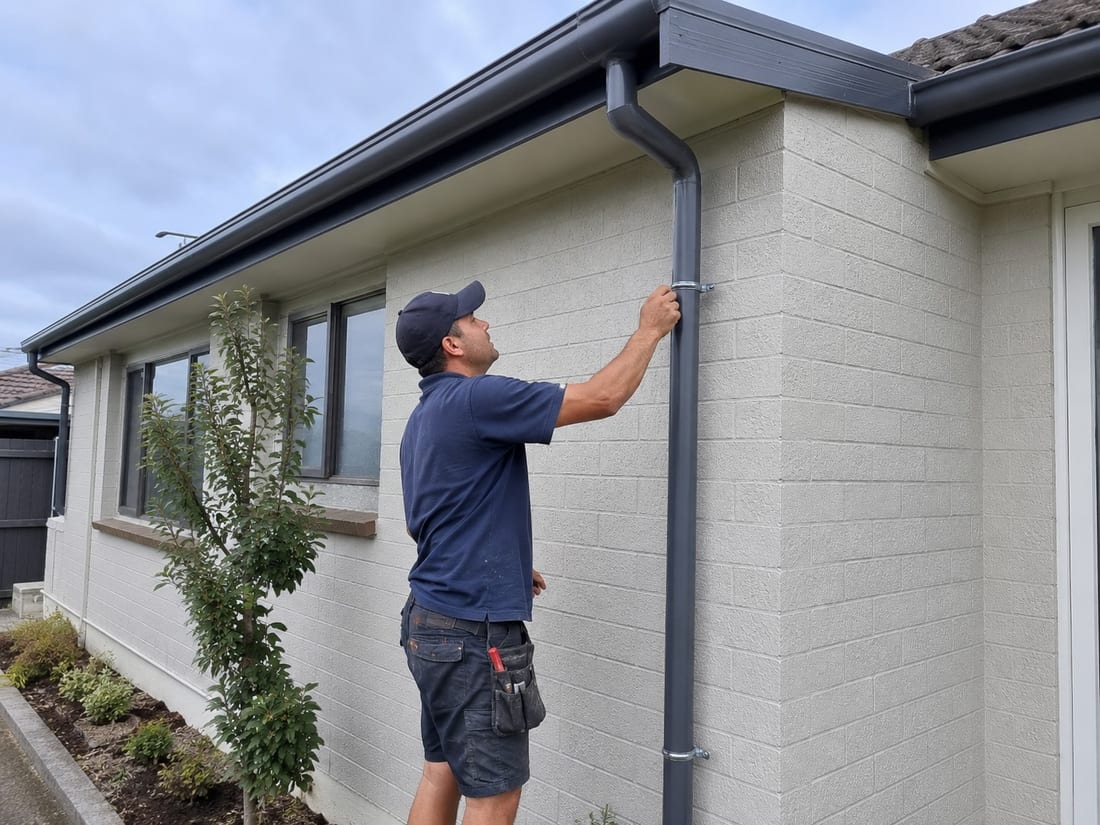 Installer checking the brackets on a newly fitted charcoal downpipe on an Auckland block home