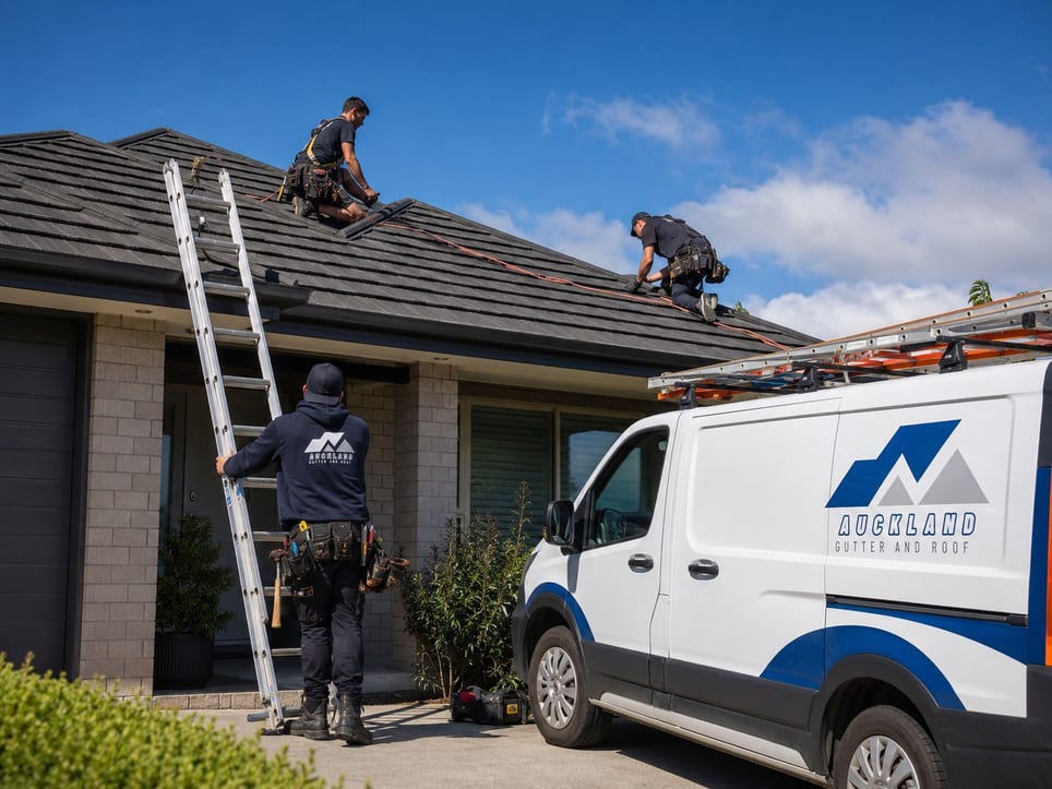 Auckland Gutter and Roof specialists harnessed on a tiled roof with a ladder and branded van below