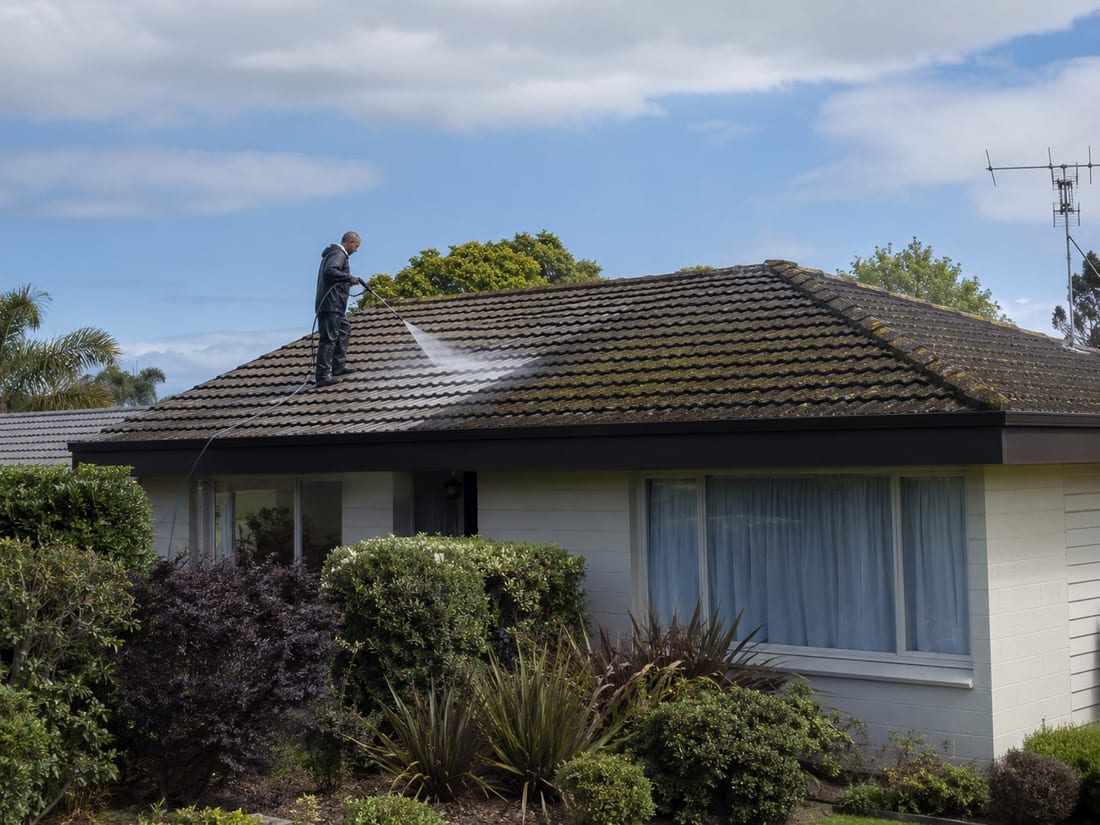 Moss and lichen being washed off the tiles of a single-storey Auckland home