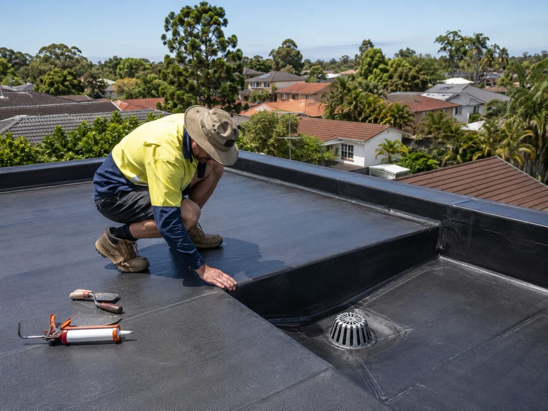 Roofer pressing down a butynol membrane beside a flat-roof outlet on an Auckland property