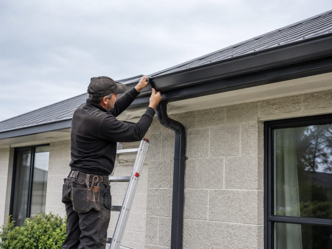 Technician on a ladder refitting the spouting above a charcoal downpipe on an Auckland home
