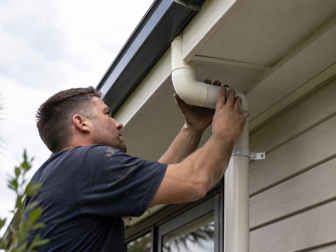Installer fitting a new PVC downpipe elbow under the eave of an Auckland home