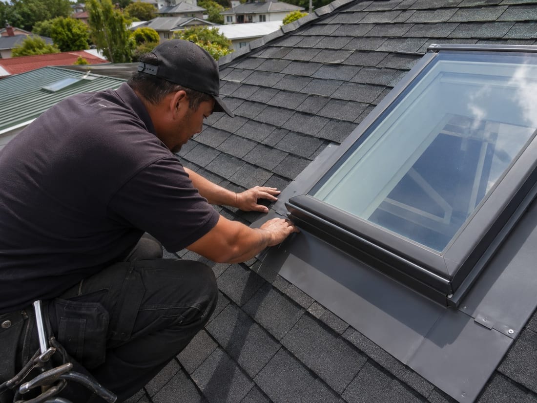 Roofer sealing the flashing around a skylight on an Auckland shingle roof