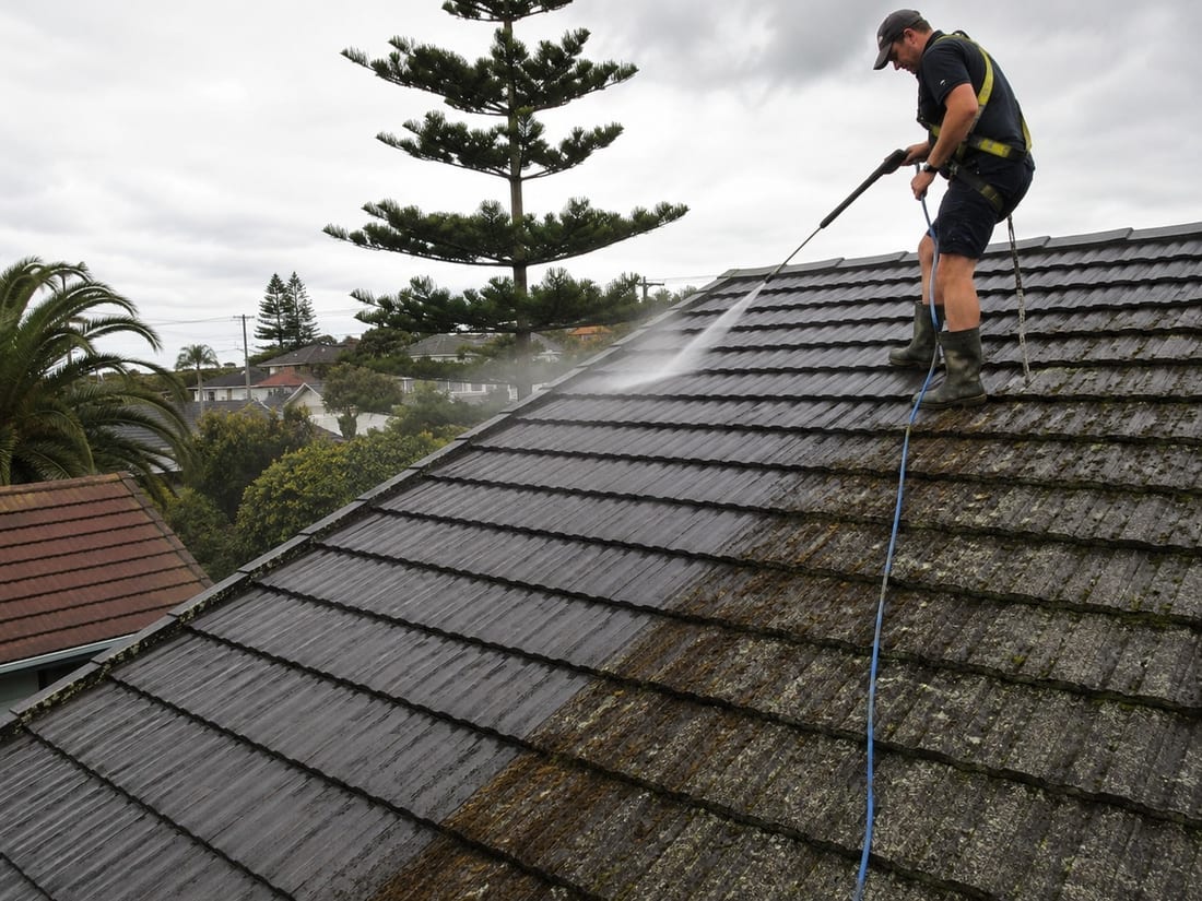Half-cleaned Auckland tile roof showing lichen-covered tiles beside the section already treated