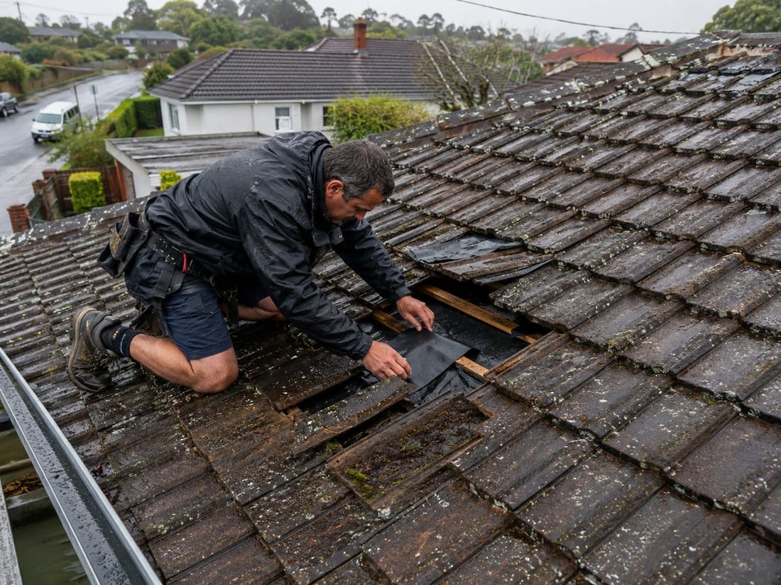 Roofer kneeling in the rain on an Auckland tile roof, patching the underlay beneath lifted tiles