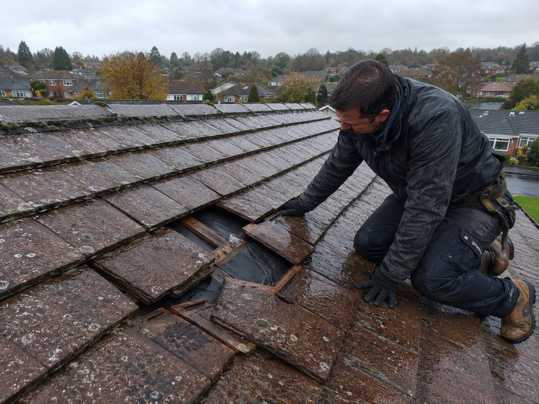 Roofer easing wet tiles aside to expose the underlay while tracing a leak on an Auckland roof