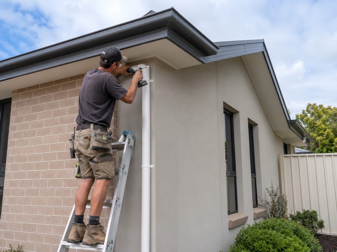 Installer fixing a new downpipe to the corner of an Auckland home during a spouting installation
