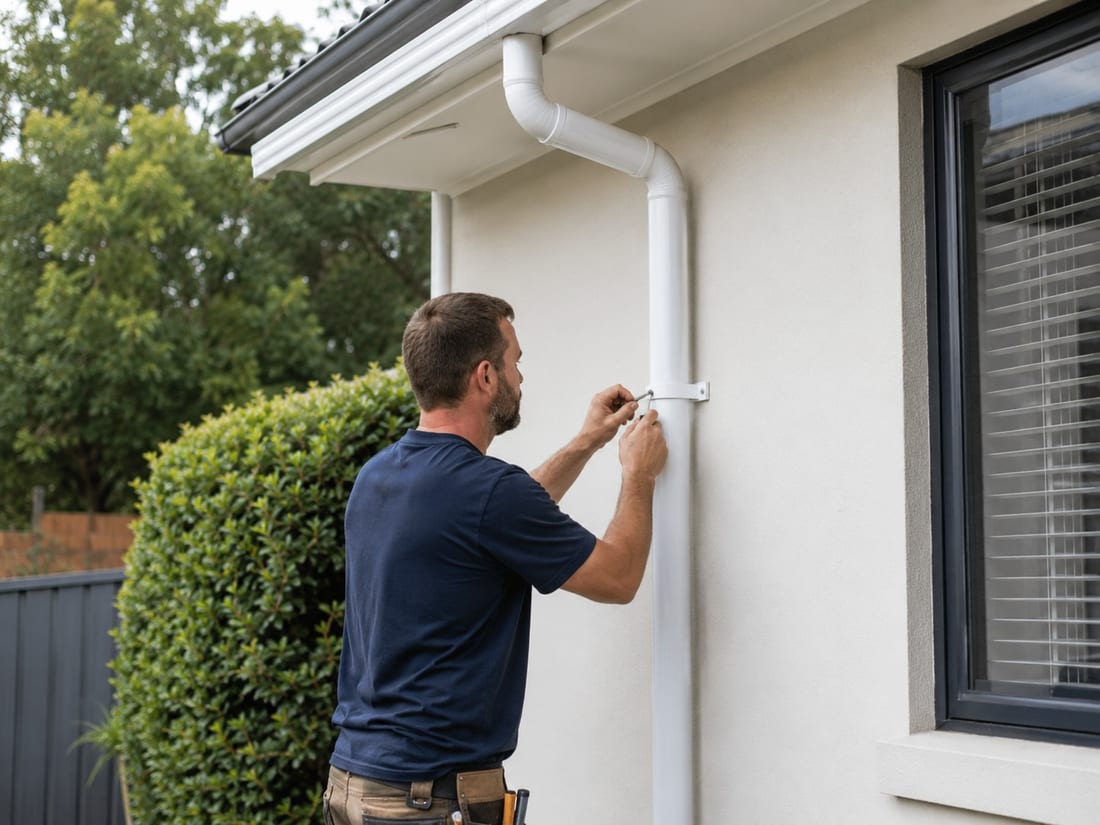 Spouting installer bracketing a new downpipe to the wall of an Auckland house