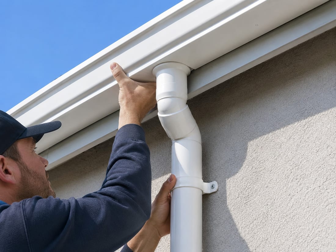 Close view of an installer checking a downpipe outlet where it meets the spouting