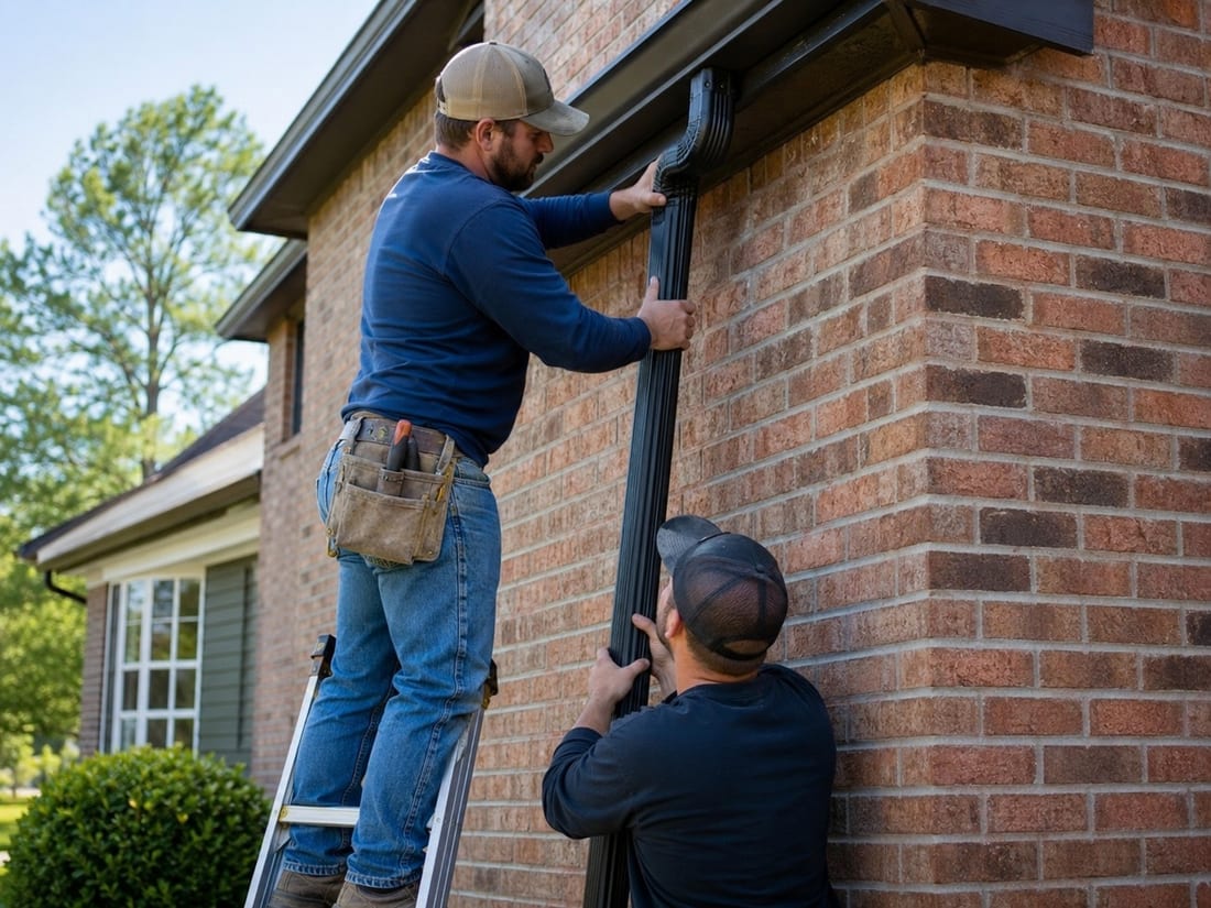 Two installers lifting a replacement downpipe into place against a brick Auckland home